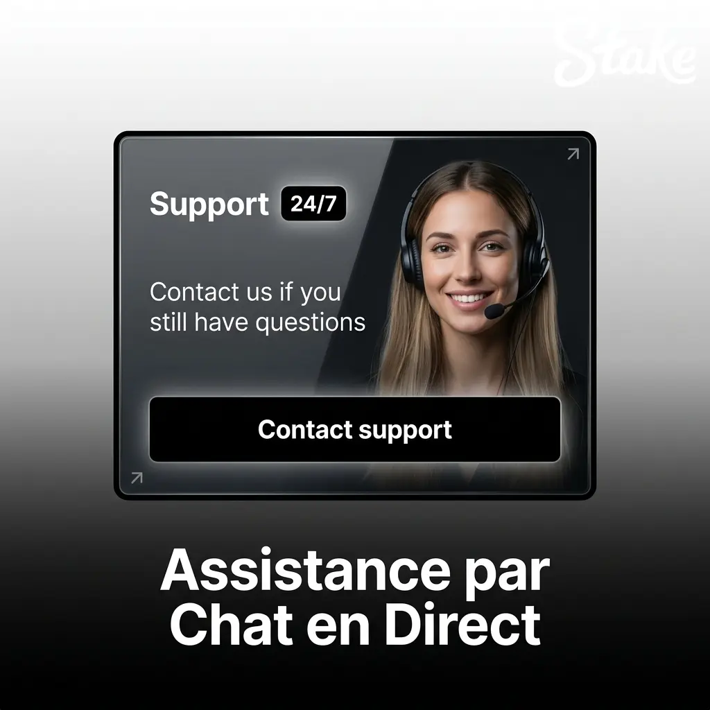 Chat en direct Stake disponible 24h/24 et 7j/7 pour assistance en français, avec temps d'attente inférieur à 2 minutes